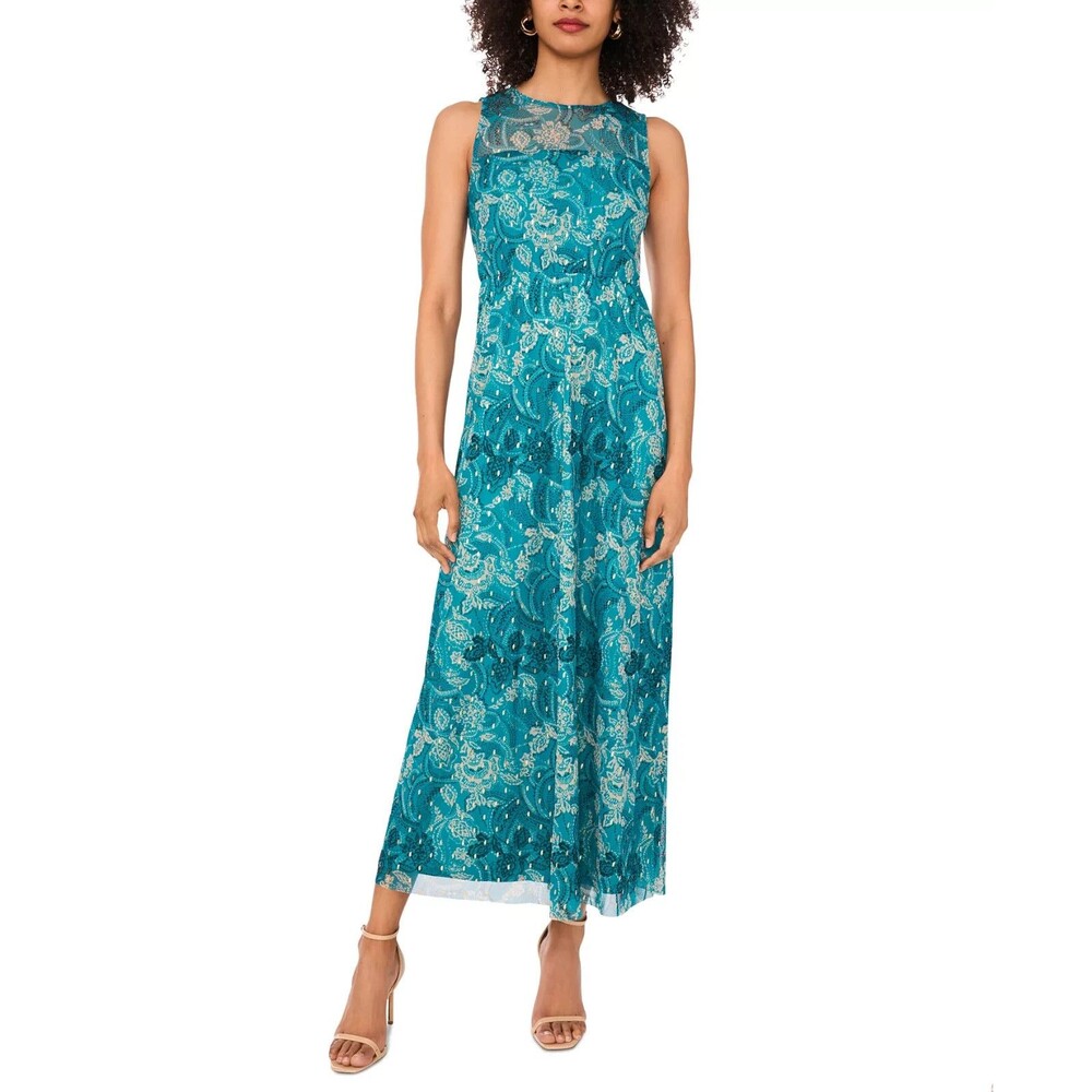 Vince Camuto Women's Printed Metallic Pock Neck Maxi Dress Cool Lapis Green S - Picture 1 of 10